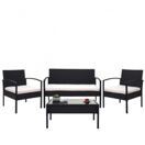 Balkon Sitzgruppe Poly-Rattan 7tlg. Garnitur-Lounge schwarz, Kissen creme