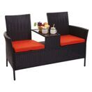 Rattan Gartenbank mit Tisch 132cm schwarz, Kissen terrakotta Rattan Gartenbank mit Tisch 132cm schwarz, Kissen terrakotta