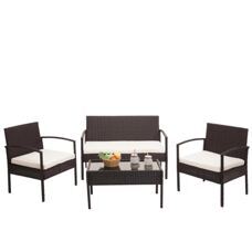 Balkon Sitzgruppe Poly-Rattan 7tlg. Garnitur-Lounge braun, Kissen creme