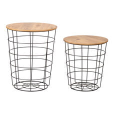 Beistelltisch-Set Hundested 2er Set Metallkorb Schwarz/Holzfarben