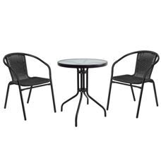 Gartenset mit Tisch rund + 2 Stühlen Rattan schwarz