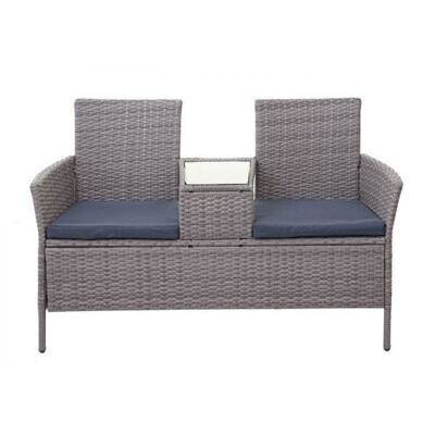 Rattan Gartenbank mit Tisch 132cm ~ grau, Kissen dunkelgrau