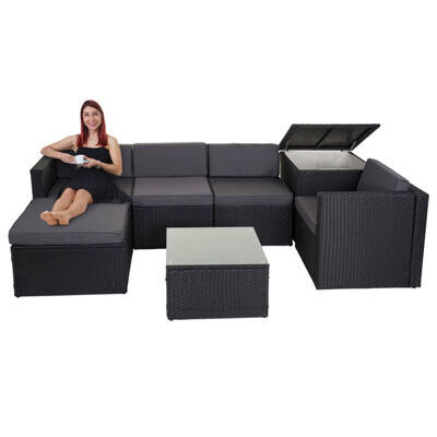 Rattan Lounge Sitzgruppe mit extra Kissenbox Anthrazit Kissen grau