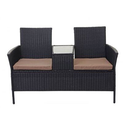 Rattan Gartenbank mit Tisch 132cm ~ schwarz, Kissen creme