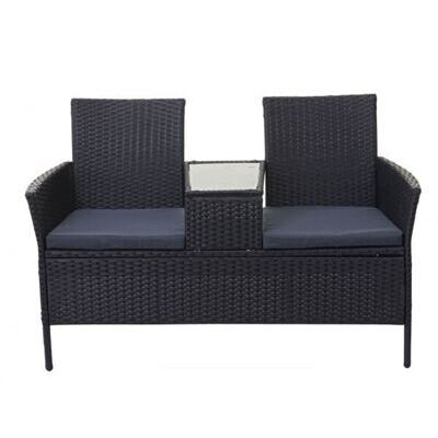 Rattan Gartenbank mit Tisch 132cm ~ schwarz, Kissen dunkelgrau