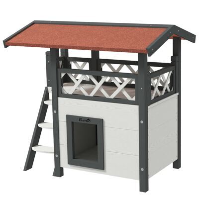 Katzenhaus 2-stöckig Holz mit Balkon & Treppe Weiss