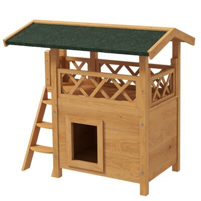 Katzenhaus 2-stöckig Holz mit Balkon & Treppe Natur