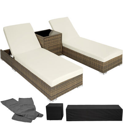 2 Polyrattan Sonnenliegen mit Tisch, natur
