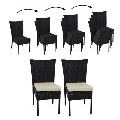 2x Poly-Rattan Sessel, Gartenstuhl, stapelbar ~ schwarz, Kissen creme