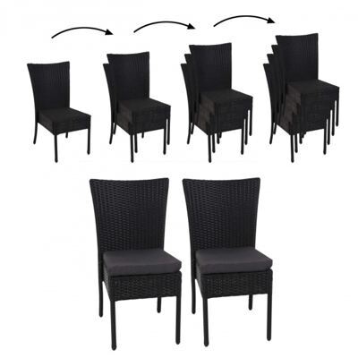 2x Poly-Rattan Sessel, Gartenstuhl, stapelbar ~ schwarz, Kissen dunkelgrau