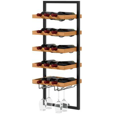 Weinregal wandmontierbar für 15 Flaschen & 4 Gläser Braun