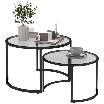 Couchtisch 2er-Set Stahlgestell Hartglas stapelbar Schwarz