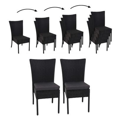 2x Poly-Rattan Sessel, Gartenstuhl, stapelbar ~ schwarz, Kissen dunkelgrau