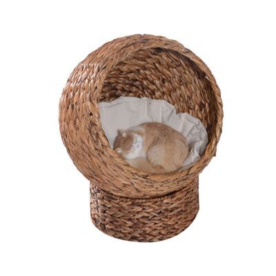 Katzenhöhle Rattan mit Kissen aus Wasserhyazinthe Hellbraun