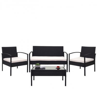 Balkon Sitzgruppe Poly-Rattan 7tlg. Garnitur-Lounge schwarz, Kissen creme
