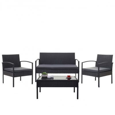 Balkon Sitzgruppe Poly-Rattan 7tlg. Garnitur-Lounge schwarz, Kissen dunkelgrau