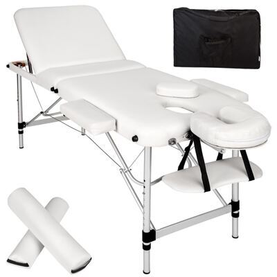 3 Zonen Massageliege mit 5cm Polsterung, Rollen und Aluminiumgestell weiss