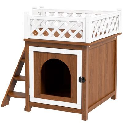 Katzenhöhle Tannenholz mit Balkon & Treppe bis 6kg Braun