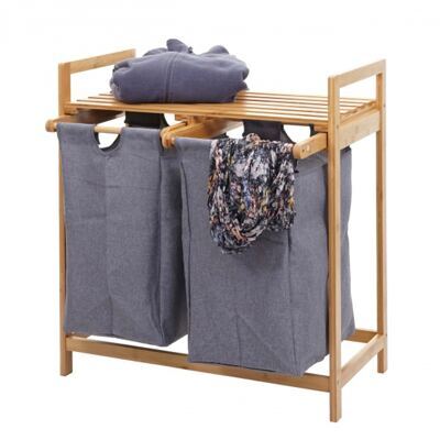 Wäschekorb Wäschesammler 2 Fächer 70l ~ Bambus dunkelgrau