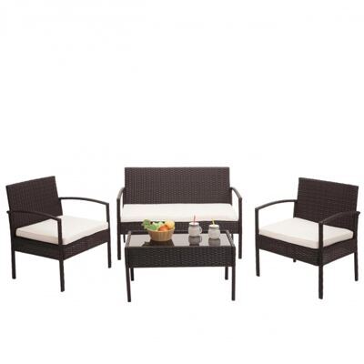 Balkon Sitzgruppe Poly-Rattan 7tlg. Garnitur-Lounge braun, Kissen creme