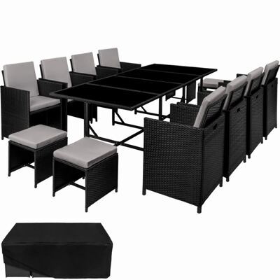 Rattan Sitzgruppe Palma 8+4+1 mit Schutzhülle schwarz/grau