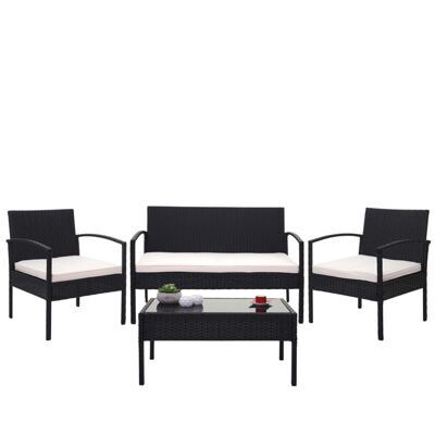Balkon Sitzgruppe Poly-Rattan 7tlg. Garnitur-Lounge schwarz, Kissen creme