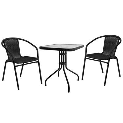 Gartenset mit Tisch eckig + 2 Stühlen Rattan schwarz