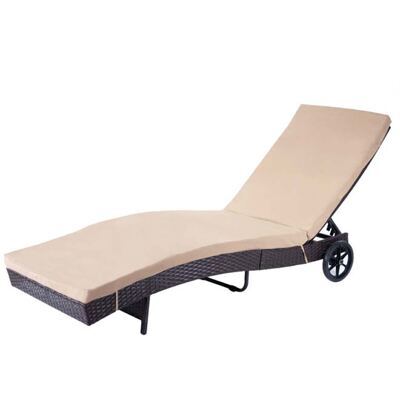 Rattan Liegestuhl Sonnenliege Braun, Kissen Beige