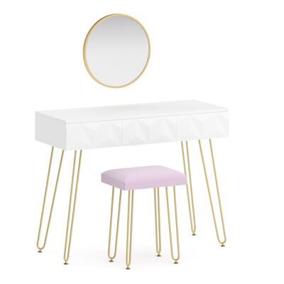 Schminktisch mit Hocker und Spiegel ELEONORA 100 x 40 cm weiss/gold/rosa
