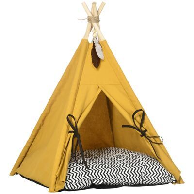 Katzenhaus Tipi-Zelt rutschfest mit Kissen & Spielball Gelb