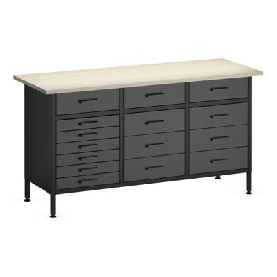 Werkbank MAKSIMUS 15 Schubladen 160 x 60 cm anthrazit/schwarz/natur