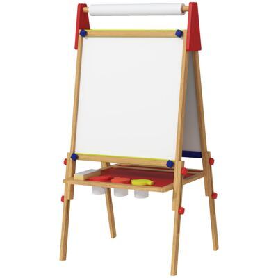 Kinder-Wandtafel Naturholz höhenverstellbar mit Ablage & Farbbecher 3-in-1