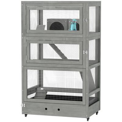 Hamsterkäfig Holz 65x45x109cm mit Schloss Wippe Rampen & Rollen Grau