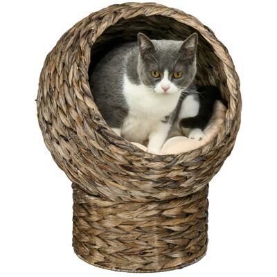 Katzenkorb Rattan mit Kissen Wasserhyazinthe Dunkelbraun